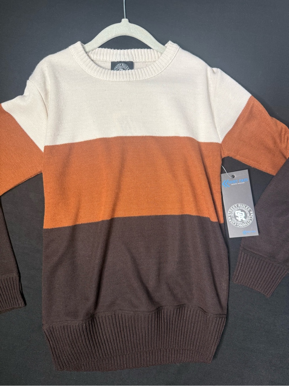 Street rules boys Three-Tone Crewneck Sweater - Brown/Cream/Orange size 8 NWT